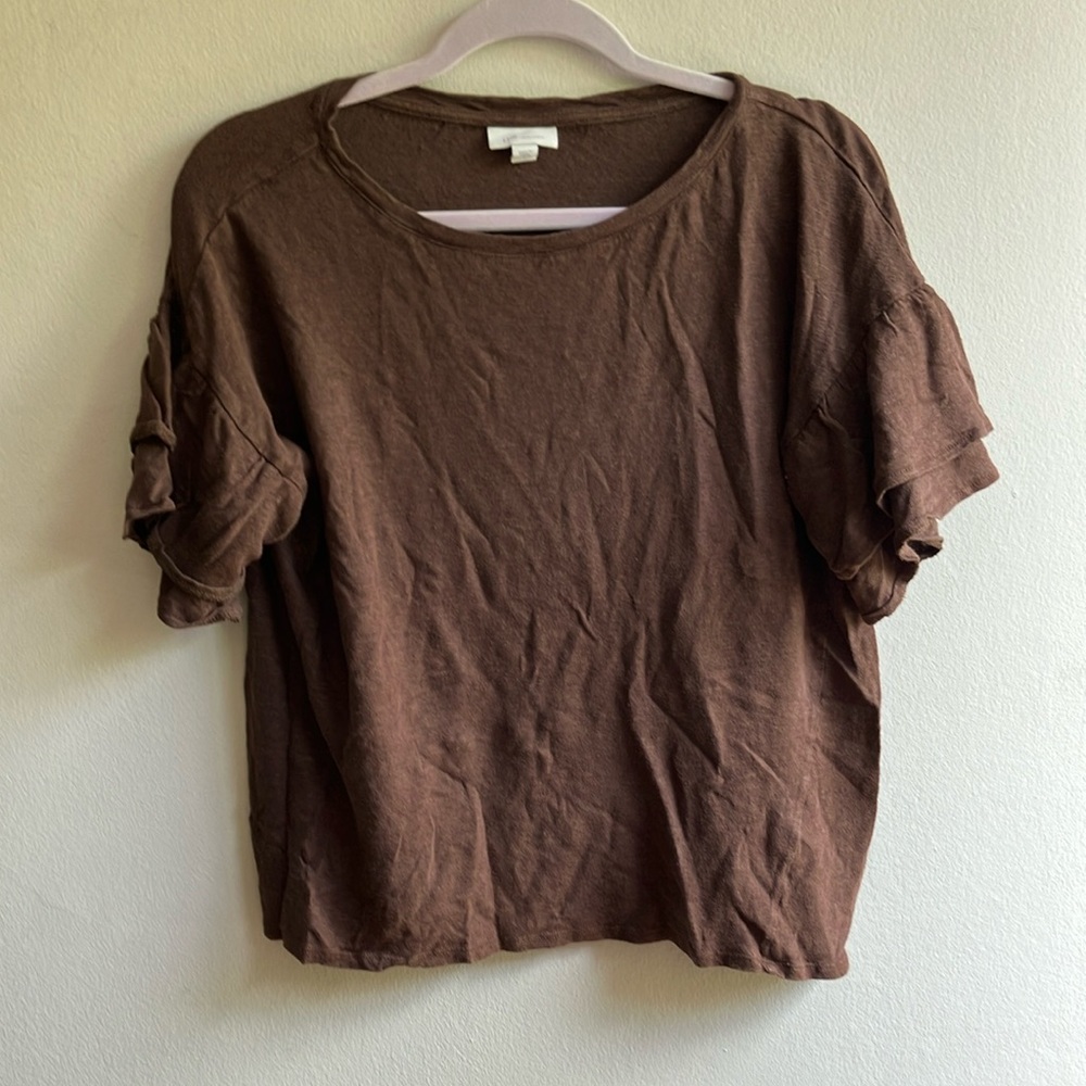 J. Jill Linen Blouse Short Ruffle Sleeves Size L Brown